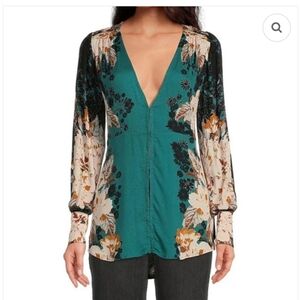 Free People Mikayla Floral Print Tunic Top Green XS